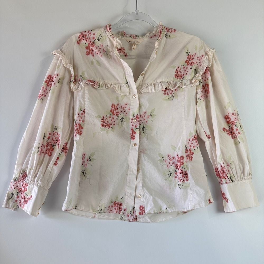Rebecca Taylor Maia Floral Blouse Women Size 0 Pink Ruffle Cotton Top 118935B631 - Picture 7 of 13